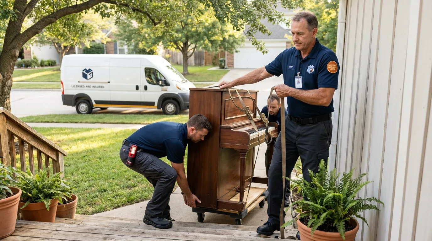 Licensed piano movers securing grand piano in Savannah, MO