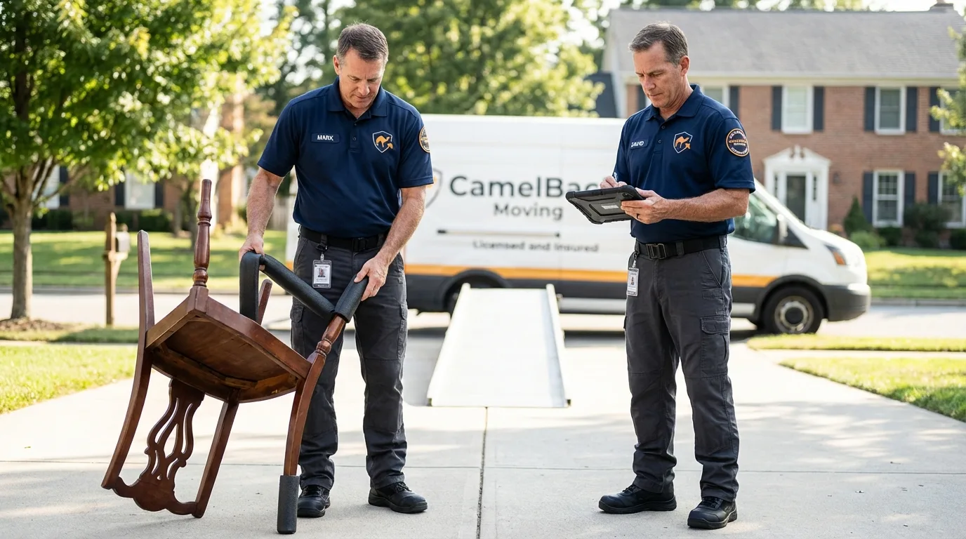 Movers inspecting furniture for damage prevention before loading in Savannah, MO