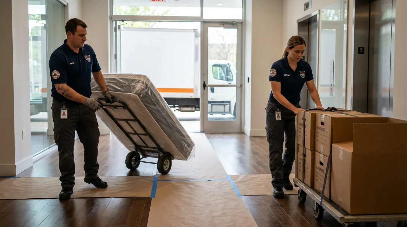 Professional apartment movers loading elevator in Savannah, MO